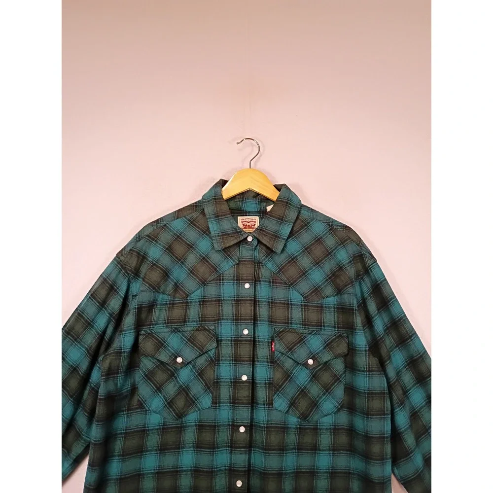 Western Grunge Levis Mens Large Teal Plaid Pearl Snap Flannel Work Shirt L